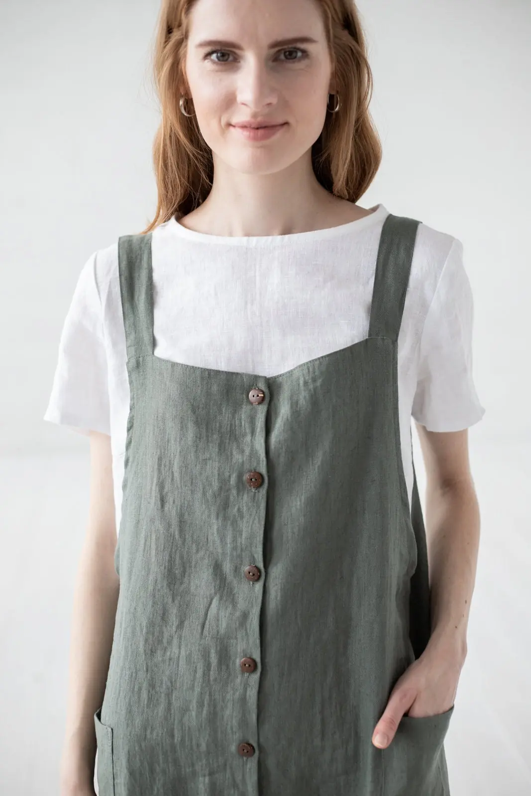 Linen Pinafore Dress: Button Front Slip Dress With Pockets Linen Pinafore Dress: Button Front Slip Dress With Pockets