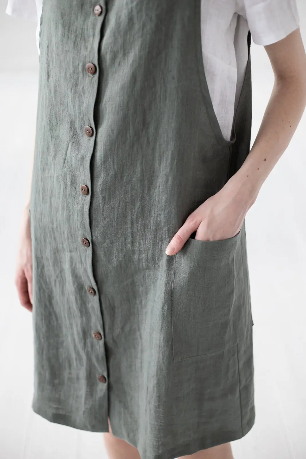 Linen Pinafore Dress: Button Front Slip Dress With Pockets Linen Pinafore Dress: Button Front Slip Dress With Pockets