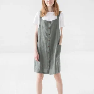 Linen Pinafore Dress: Button Front Slip Dress With Pockets