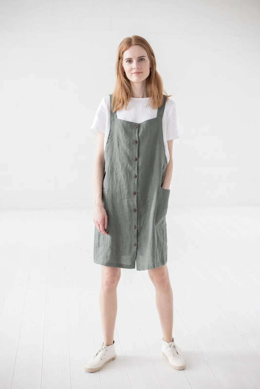 Linen Pinafore Dress: Button Front Slip Dress With Pockets Linen Pinafore Dress: Button Front Slip Dress With Pockets