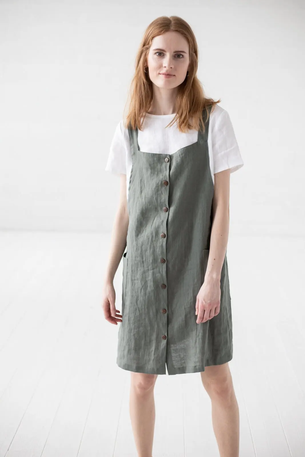 Linen Pinafore Dress: Button Front Slip Dress With Pockets Linen Pinafore Dress: Button Front Slip Dress With Pockets