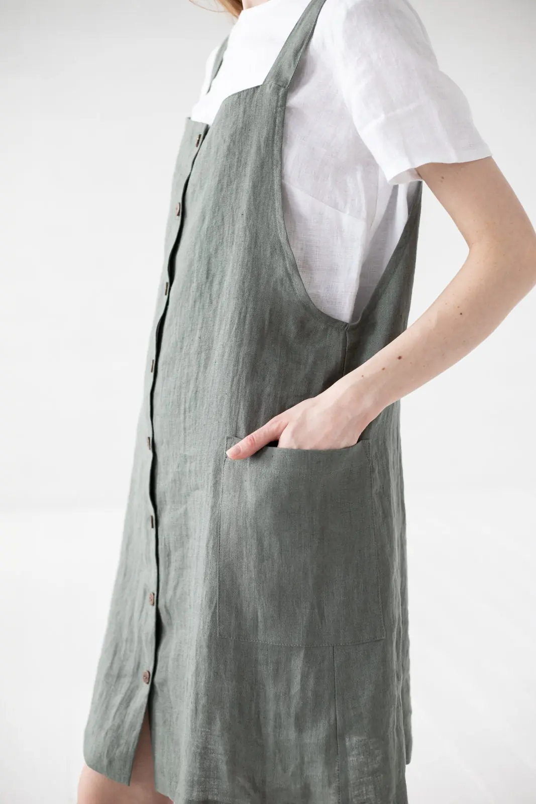 Linen Pinafore Dress: Button Front Slip Dress With Pockets Linen Pinafore Dress: Button Front Slip Dress With Pockets