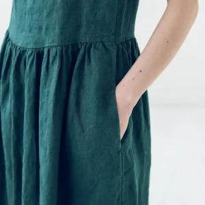 Emerald Green Linen Dress: A-line Midi With Pockets