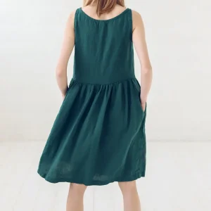 Emerald Green Linen Dress: A-line Midi With Pockets