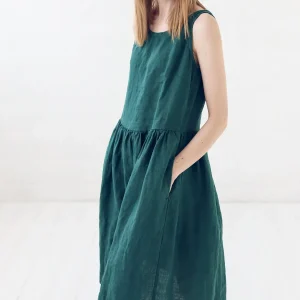 Emerald Green Linen Dress: A-line Midi With Pockets