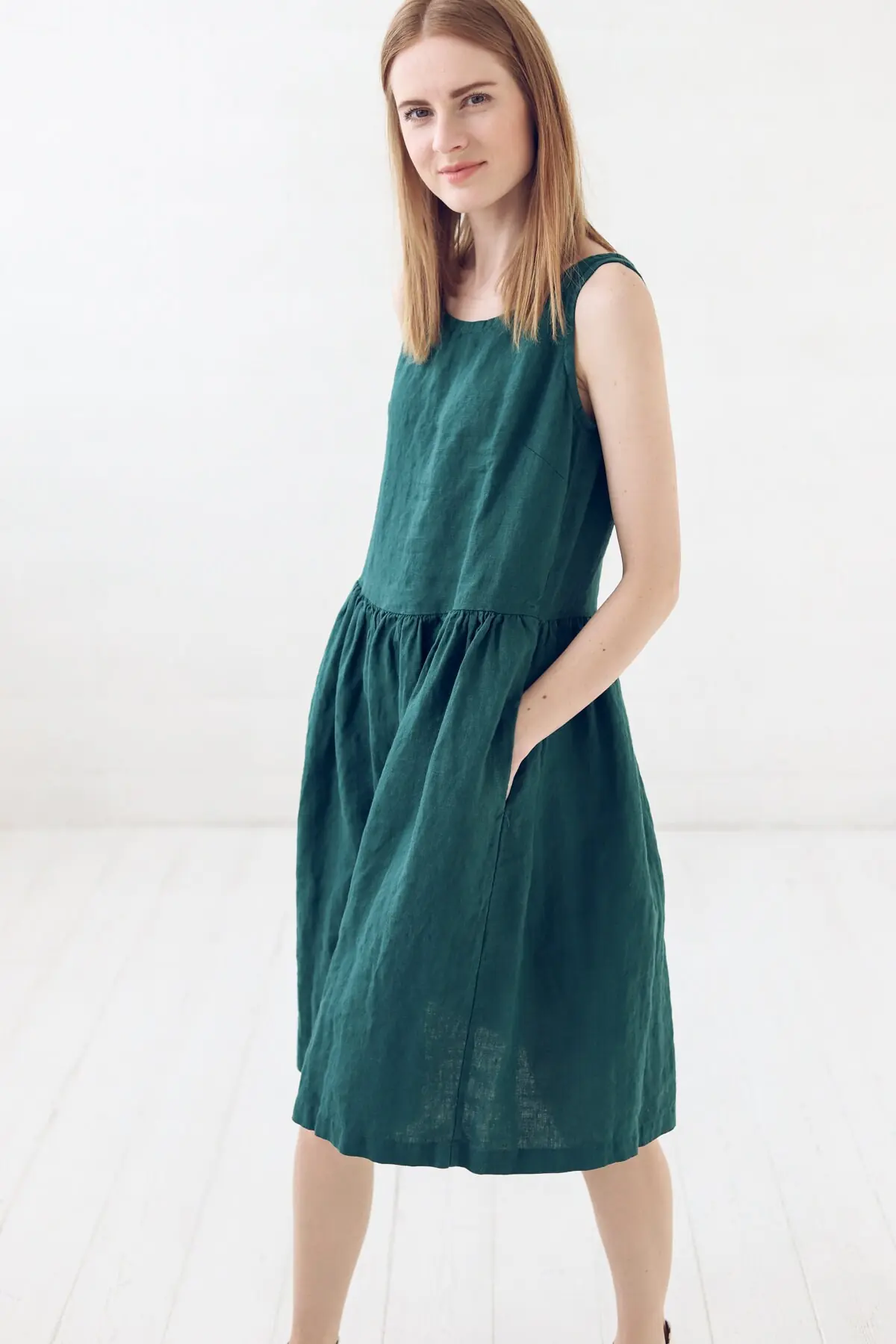 Emerald Green Linen Dress: A-line Midi With Pockets Emerald Green Linen Dress: A-line Midi With Pockets
