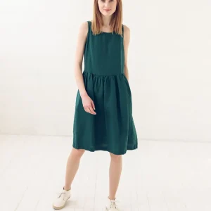 Emerald Green Linen Dress: A-line Midi With Pockets