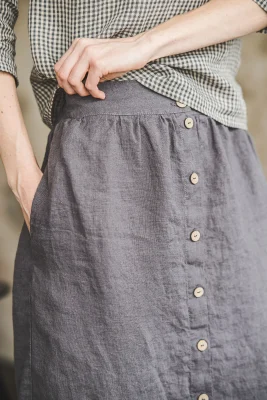 Gray Linen Midi Skirt: High Waist Retro Button Front