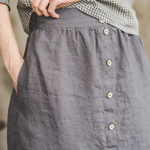 Gray Linen Midi Skirt: High Waist Retro Button Front