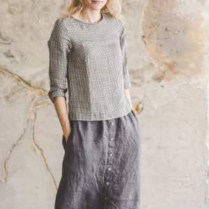 Gray Linen Midi Skirt: High Waist Retro Button Front