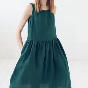 Emerald Green Linen Dress: A-line Midi With Pockets