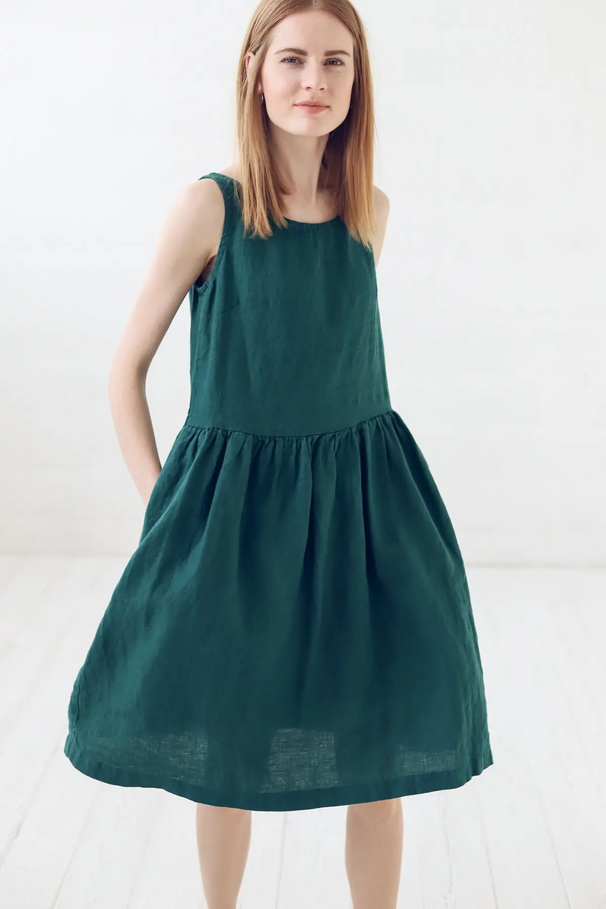 Emerald Green Linen Dress: A-line Midi With Pockets Emerald Green Linen Dress: A-line Midi With Pockets
