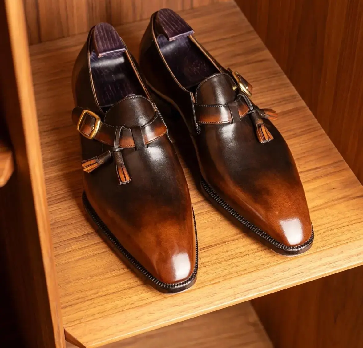 Handmade Brown Leather Monk Strap Shoes: Goodyear Welted Italian Style Handmade Brown Leather Monk Strap Shoes: Goodyear Welted Italian Style