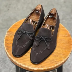 Men’s Handmade Brown Suede Leather Bow Loafers: Goodyear Welted Italian Shoes